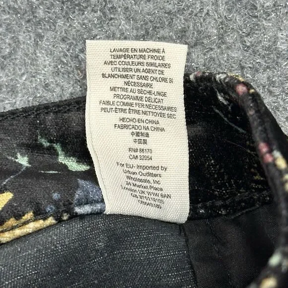 Free People Velvet Skinny Pant 12 Black Floral Print Retro Zip Pockets Mid Rise - Picture 11 of 14